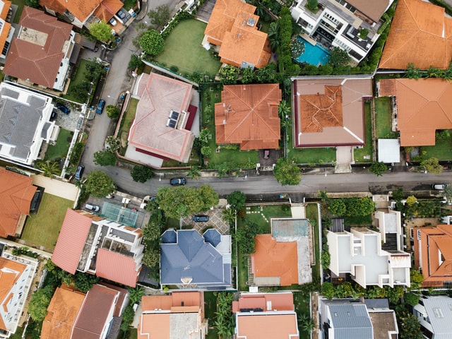 birds eye view of homes roofs