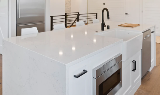 white modern kitchen worktop in home with faucet